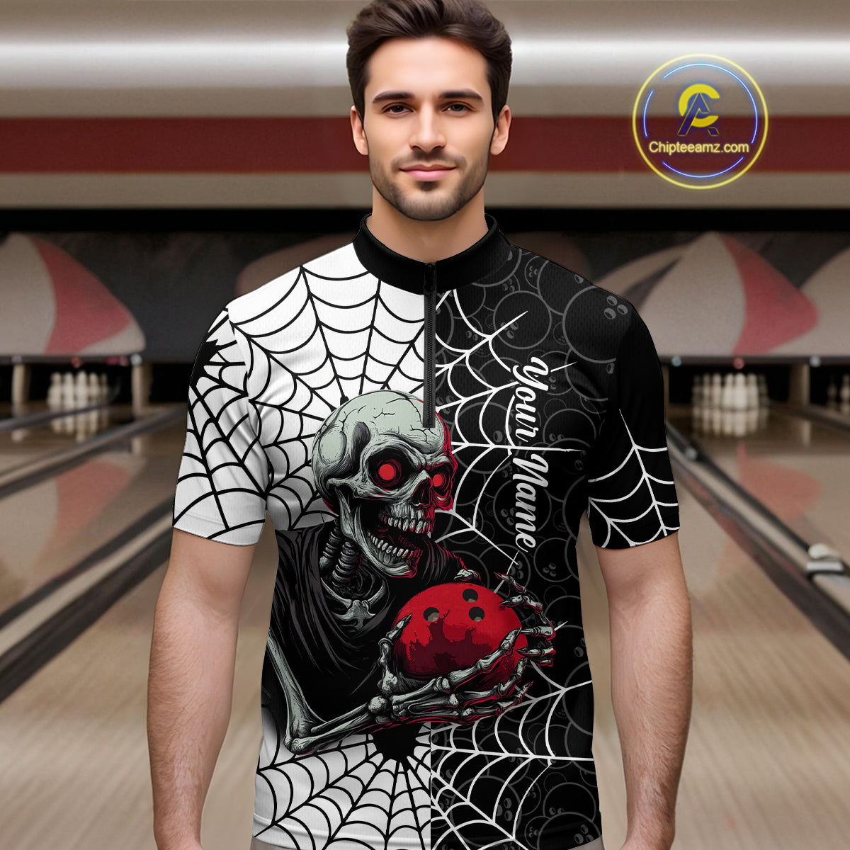 Black and White Skull Bowling Team Shirt Custom Spider Bowling Jersey Men Halloween Bowling Outfit QZT748