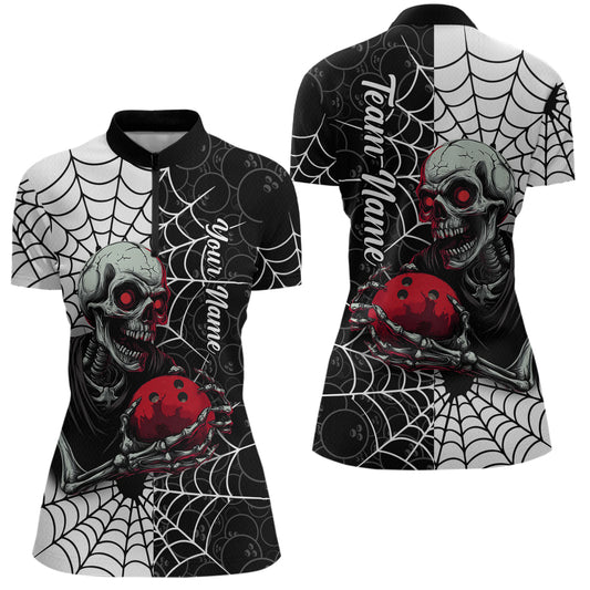 Black and White Skull Bowling Team Shirt Custom Spider Bowling Jersey Women Halloween Bowling Outfit QZT748
