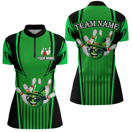 Personalized Bowling Patrick Day Shirt for Women Lucky Green Bowling Quarter-Zip Shirt QZT222