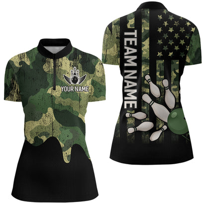 Personalized Camouflage Bowling Shirt American Flag Quarter-Zip Bowling Team Jersey QZT678