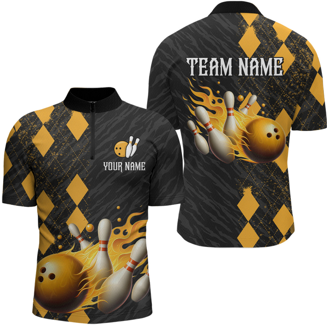 Flame Yellow Bowling Team Shirt Custom Bowling Jersey for Men Women Flame Quarter-Zip Shirt QZT679