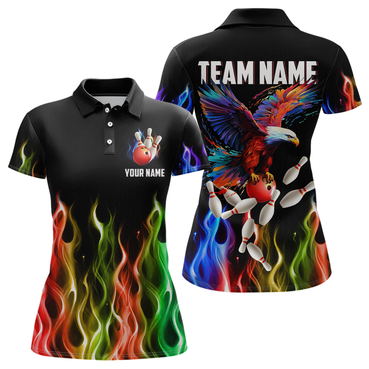 Rainbow Flame Eagle Bowling Team Jersey Personalized Bowling Polo Shirt For Men And Women QZT681