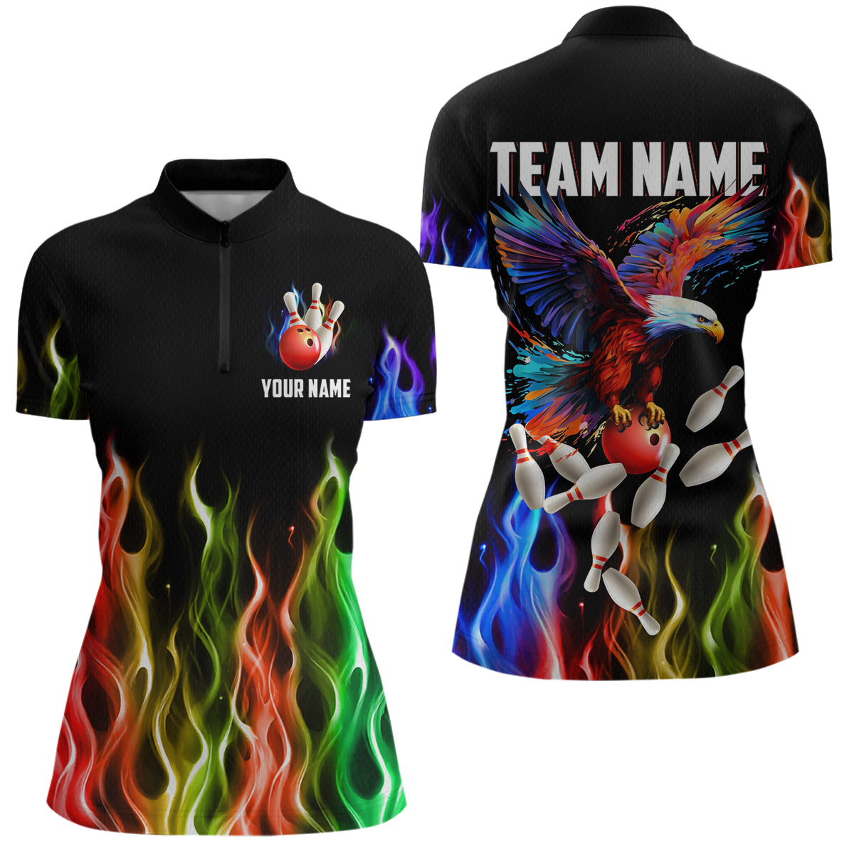 Rainbow Flame Eagle Bowling Team Jersey Personalized Bowling Quarter-Zip Shirt For Men And Women QZT681