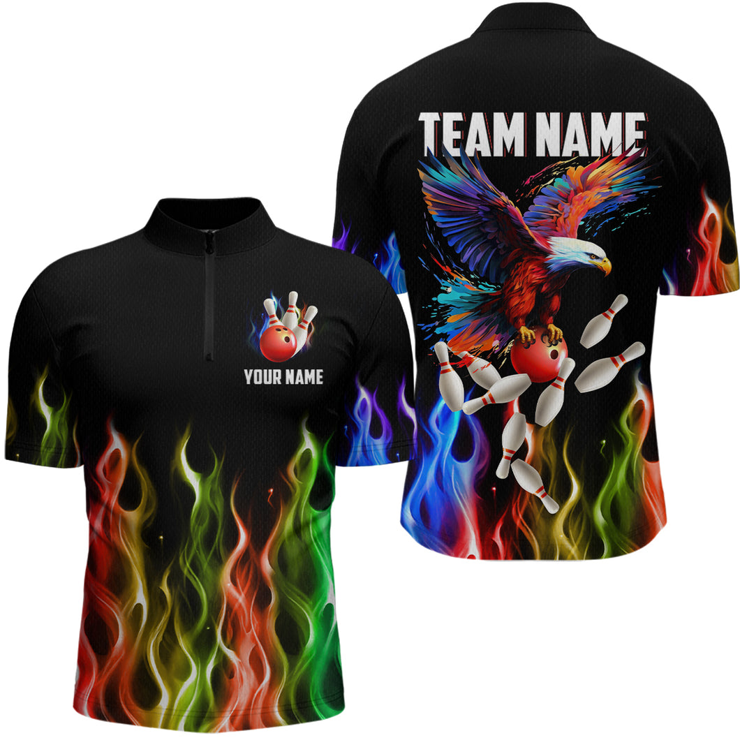 Rainbow Flame Eagle Bowling Team Jersey Personalized Bowling Quarter-Zip Shirt For Men And Women QZT681