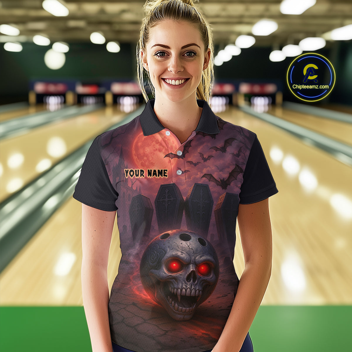Custom Skull Bowling Team Shirt Vampire Bowling Jersey for Women Bowling Outfit Polo & 1/4 Zip QZT751