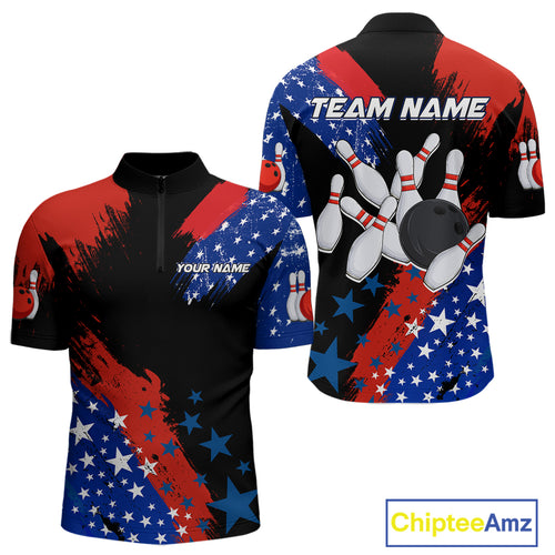American Flag Bowling Shirt Personalized Patriotic Quarter-Zip Bowling Team League Gift for Bowlers QZT691