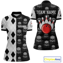 Load image into Gallery viewer, Black &amp; White Bowling Shirt Custom Skull Quarter-Zip Bowling Jersey Gift for Bowlers QZT693