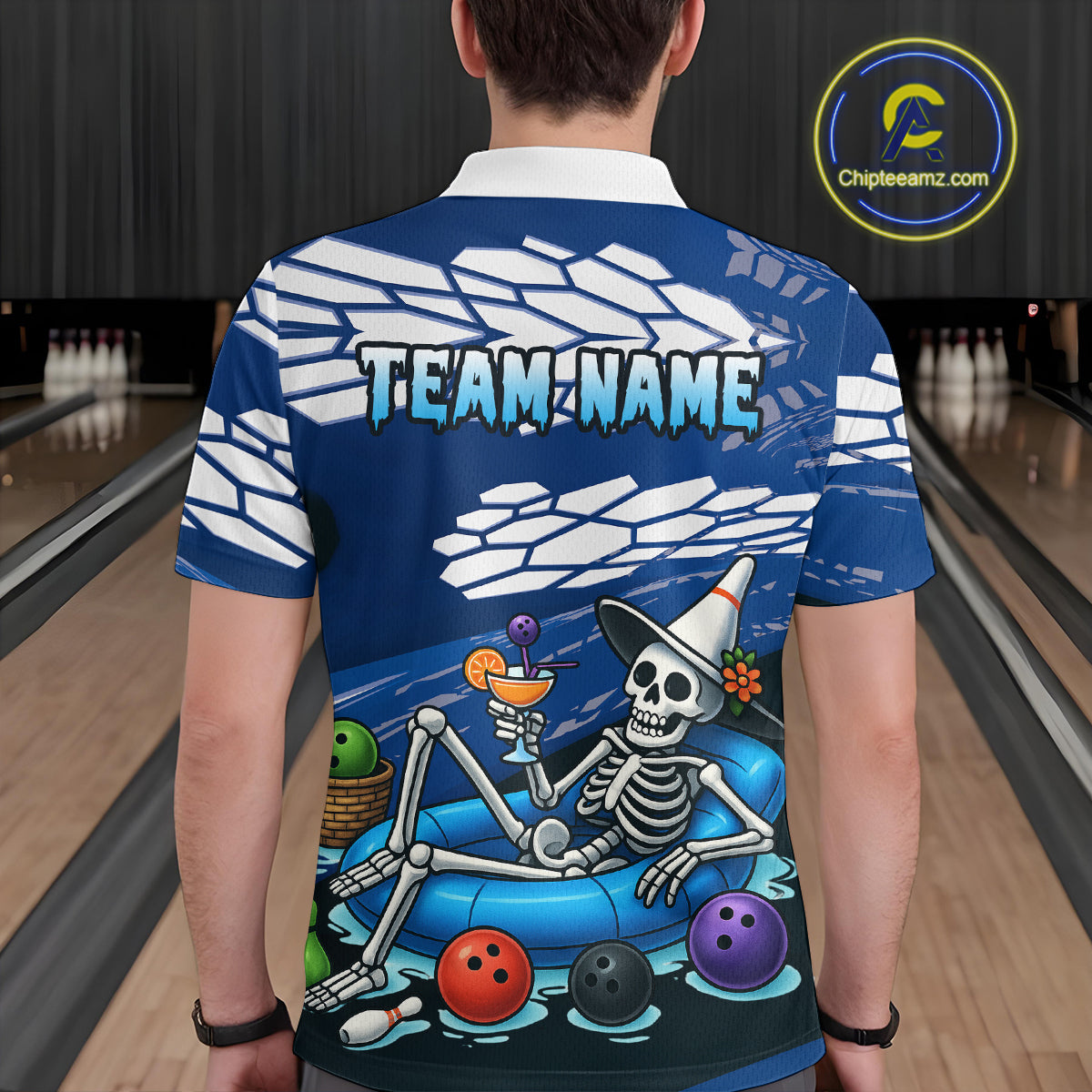 Custom Blue Funny Skull Bowling Team Shirt Polo & Quarter-Zip Bowling League Jersey for Men QZT755