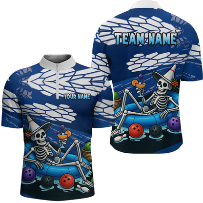 Custom Blue Funny Skull Bowling Team Shirt Polo & Quarter-Zip Bowling League Jersey for Men QZT755