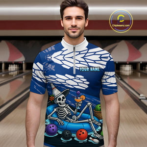 Custom Blue Funny Skull Bowling Team Shirt Polo & Quarter-Zip Bowling League Jersey for Men QZT755
