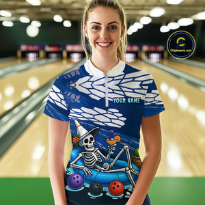 Custom Blue Funny Skull Bowling Shirt Polo & Quarter-Zip Bowling League Jersey for Women QZT755