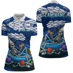 Custom Blue Funny Skull Bowling Shirt Polo & Quarter-Zip Bowling League Jersey for Women QZT755