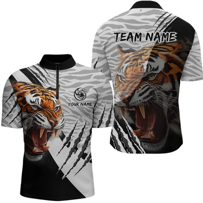 Black & White Bowling Shirt Tiger Bowling Team Jersey Quarter Zip Bowling for Men & Women QZT641