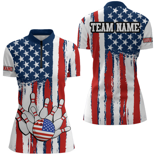 American Bowling Quarter-Zip Shirt for Women Custom Bowling Team Shirt Bowlers Jersey QZT227