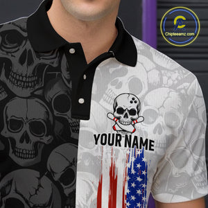 American Flag Bowling Team Shirt Polo 1/4-Zip Patriotic Bowling Jersey for Men Halloween Gift QZT729