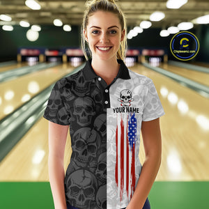 American Flag Bowling Team Shirt Polo 1/4-Zip Patriotic Bowling Jersey for Women Halloween Gift QZT729