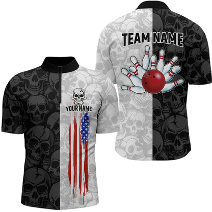 American Flag Bowling Team Shirt Polo 1/4-Zip Patriotic Bowling Jersey for Men Halloween Gift QZT729