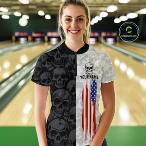 American Flag Bowling Team Shirt Polo 1/4-Zip Patriotic Bowling Jersey for Women Halloween Gift QZT729