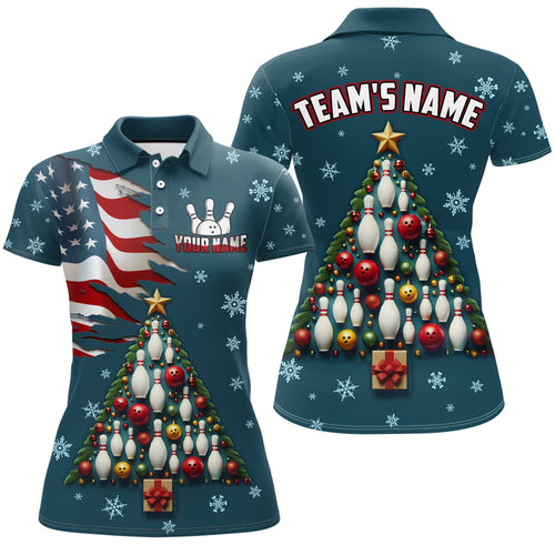 Custom Christmas Bowling Shirts for Women US Christmas Tree Polo Bowling Jersey QZT450