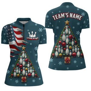 Custom Christmas Bowling Shirts for Women US Christmas Tree 1/4 Zip Bowling Jersey QZT450