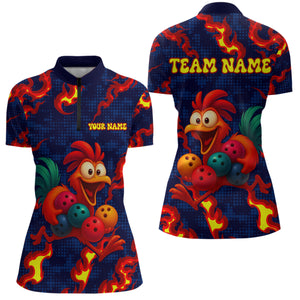 Custom Red Flame Funny Chicken for Women Bowling Team Jersey Bowling League Shirt Polo & 1/4-Zip QZT762