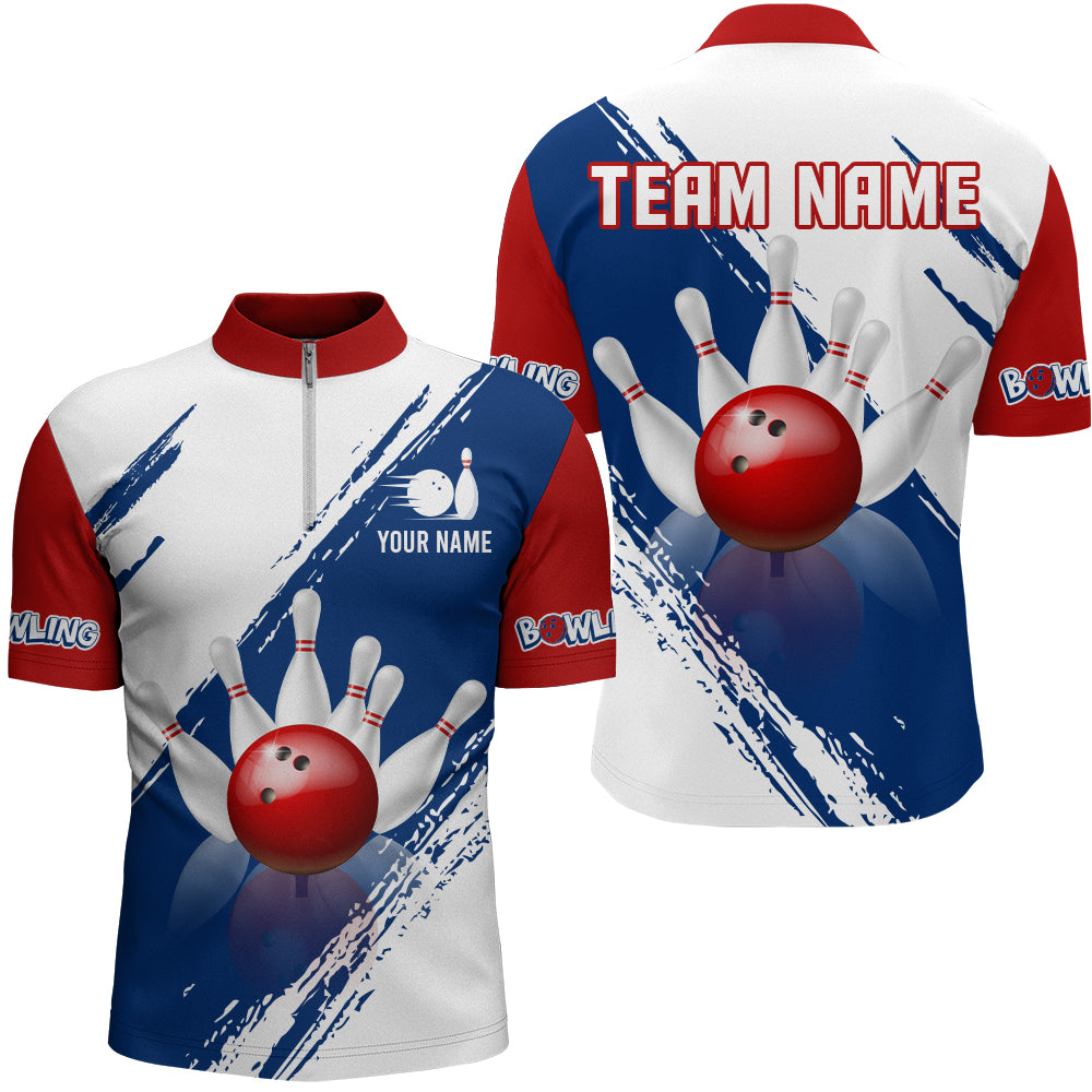 Personalized Blue Red White Bowling Team Shirts for Men 1/4 Zip Bowling Jersey Patriotic QZT491