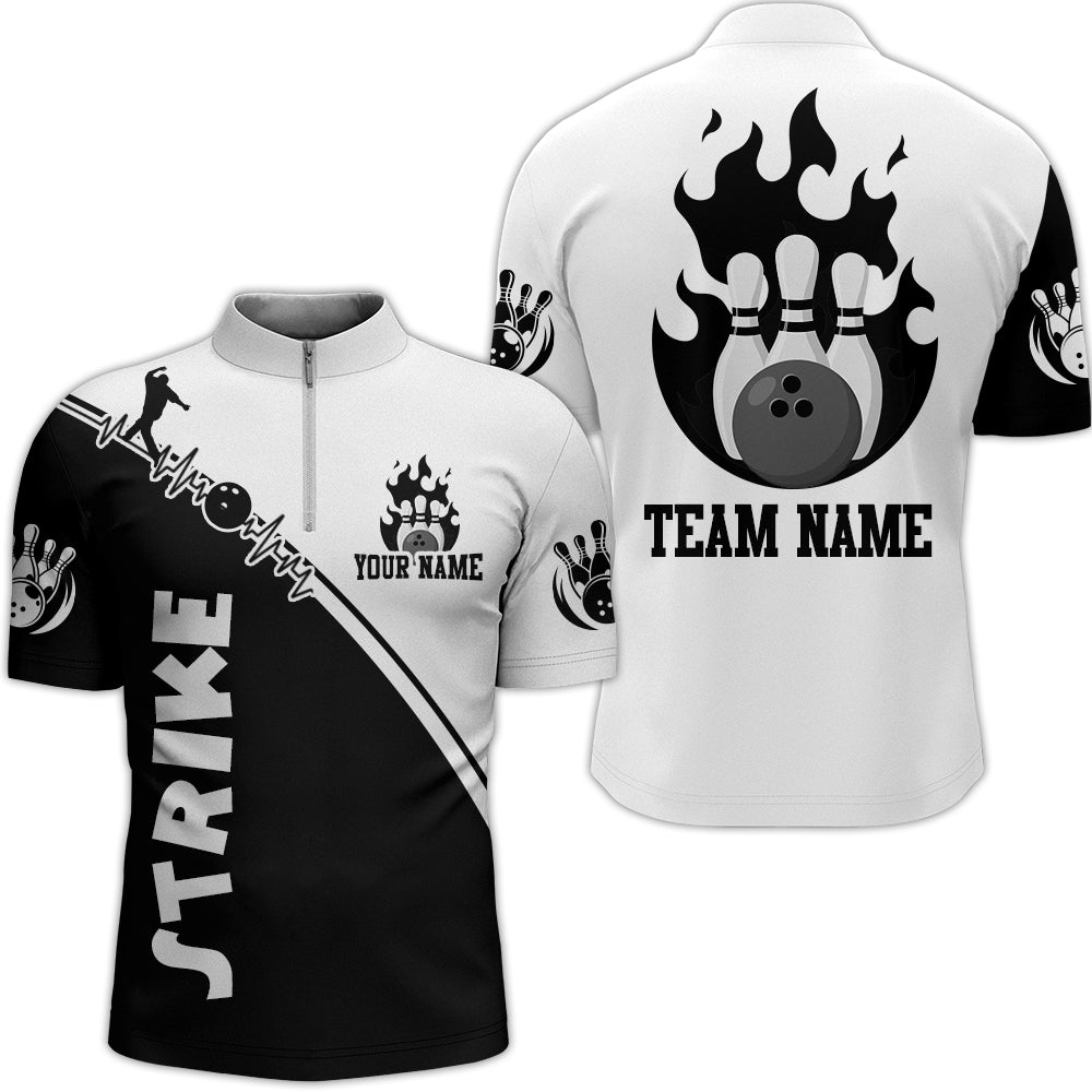 Black & White Bowling Shirt for Men Custom Bowling Team Bowling 1/4-zip Shirt QZT84