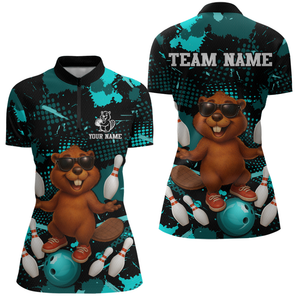 Custom Teal Funny Beaver Bowling Team Shirt Women Bowling League Jersey Polo Bowling Outfit QZT764