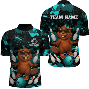 Custom Teal Funny Beaver Bowling Team Shirt Men Bowling League Jersey Polo Bowling Outfit QZT764