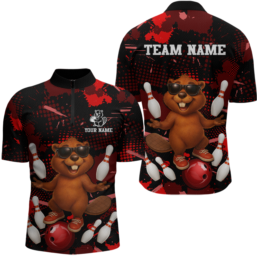 Custom Red Funny Beaver Bowling Team Shirt Men Bowling League Jersey Polo Bowling Outfit QZT764