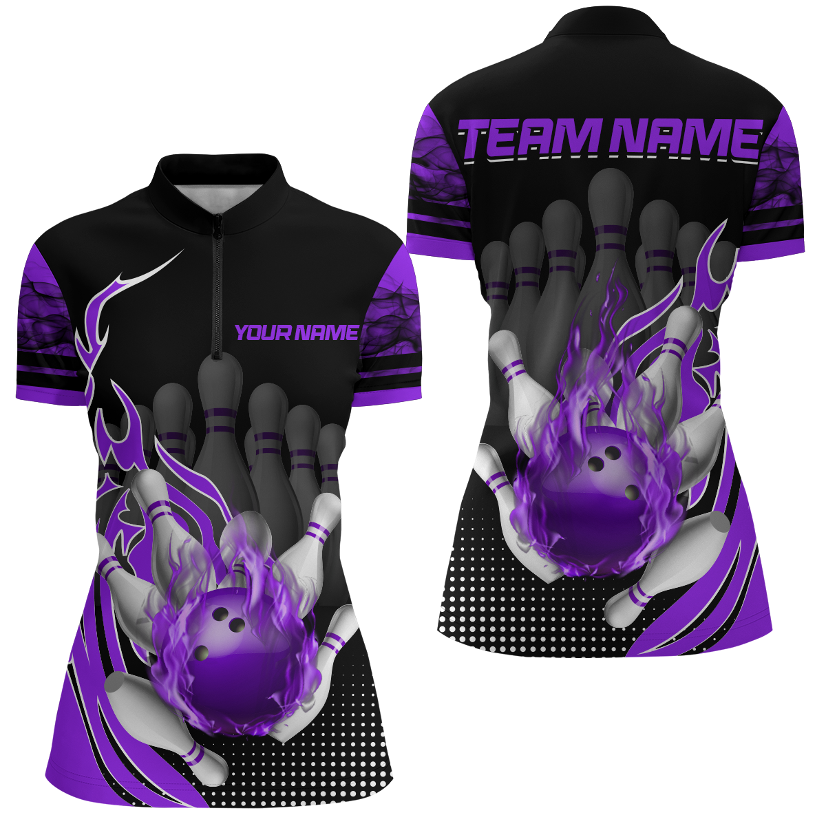 Personalized Flame Bowling Shirts Women Bowling Team League 1/4 Zip Bowling QZT410