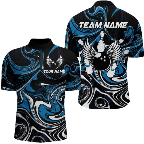 Personalized Bowling Shirt for Men and Women Bowling Team Jersey Blue 1/4 Zip Shirt QZT601