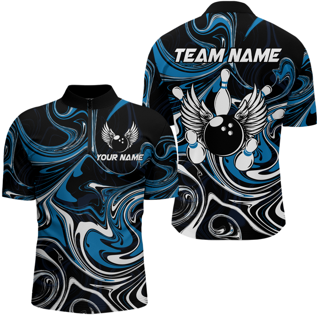 Personalized Bowling Shirt for Men and Women Bowling Team Jersey Blue 1/4 Zip Shirt QZT601