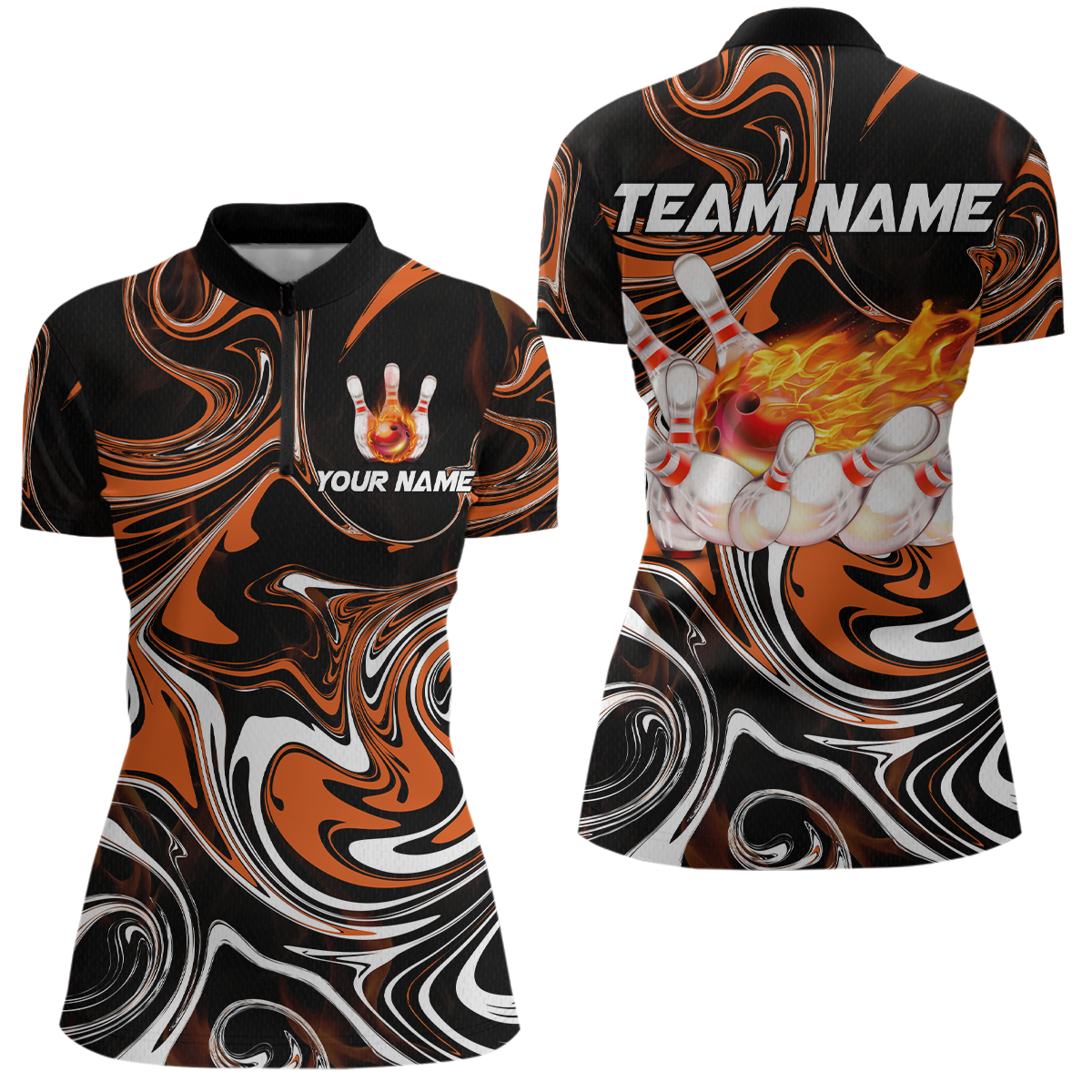 Custom Flame Bowling Shirt Orange Quarter Zip Bowling Shirt Unisex Bowling Outfits QZT602