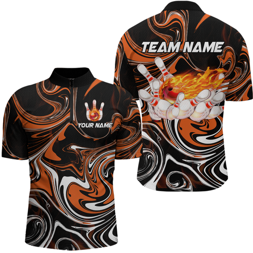 Custom Flame Bowling Shirt Orange Quarter Zip Bowling Shirt Unisex Bowling Outfits QZT602