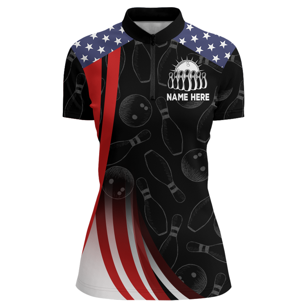 Bowling Shirt American Flag Camo Bowling Jersey Customized for Women 1/4 Zip Bowling Team League QZT262