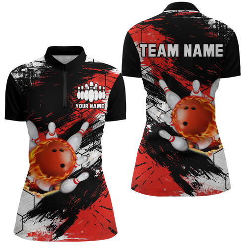 Custom Red & Black Bowling Quarter Zip Shirt Bowling League Team for Women QZT461