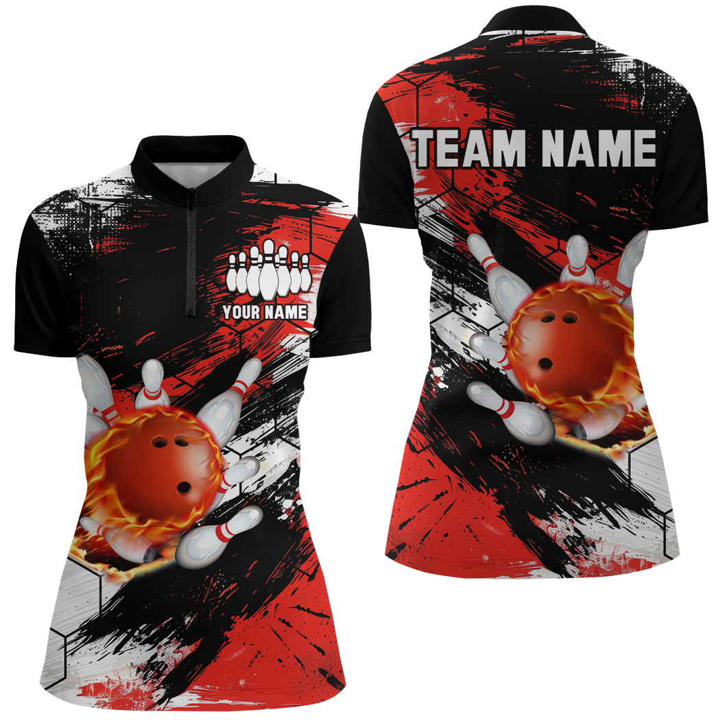 Custom Red & Black Bowling Quarter Zip Shirt Bowling League Team for Women QZT461