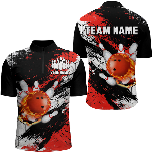 Custom Red & Black Bowling Quarter Zip Shirt Bowling League Team for Men QZT461