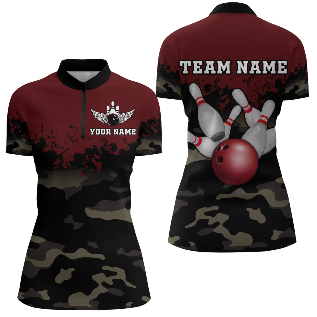 Personalized 3D Quarter Zip Bowling Team Shirts Women Camouflage Bowling Jersey QZT503