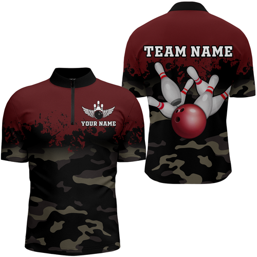 Personalized 3D Quarter Zip Bowling Team Shirts Men Camouflage Bowling Jersey QZT503