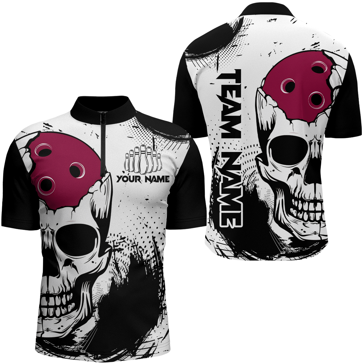 Skull Bowling Shirt for Men Custom Bowling Jersey Bowling 1/4 Zip Shirt Bowling Team League QZT293