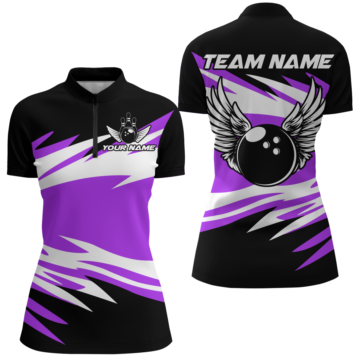 Angel Wings Quarter Zip Bowling Shirts for Women Bowling Team Jersey Multicolor QZT470