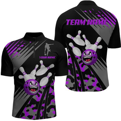 Personalized Purple Crazy Bowling Shirt Quarter-Zip Bowling Jersey Bowling Outfit QZT609