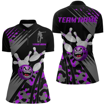 Personalized Purple Crazy Bowling Shirt Quarter-Zip Bowling Jersey Bowling Outfit QZT609