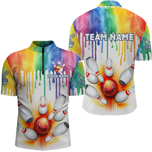 Rainbow Bowling Shirt for Men Women Personalized Quarter-Zip Bowling Jersey Bowling Outfit QZT680