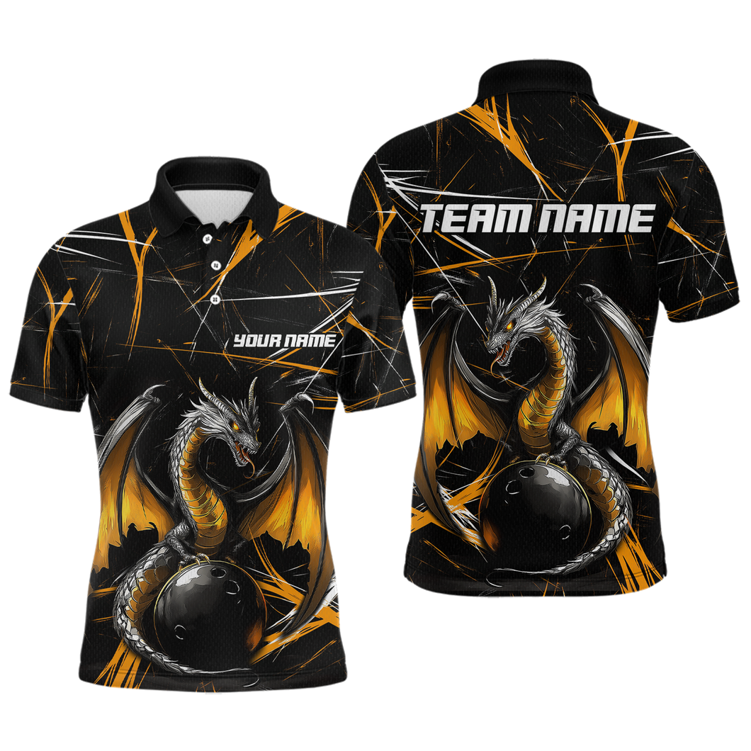 Black & Gold Dragon Bowling Shirt Custom Polo Bowling Jersey for Men Women QZT682