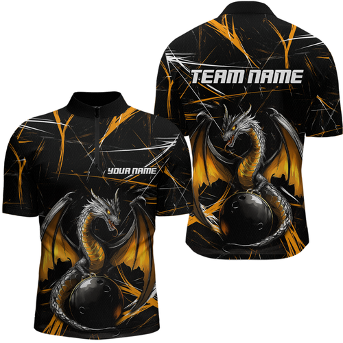 Black & Gold Dragon Bowling Shirt Custom Quarter-Zip Bowling Jersey for Men Women QZT682