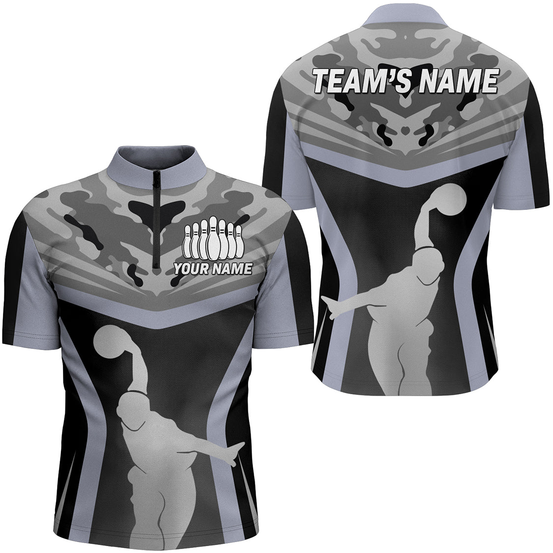 Personalized 3d Men's Bowling Quarter Zip Shirts Custom Black