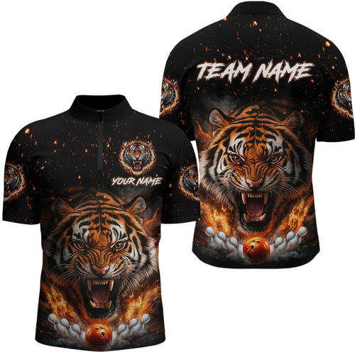 Custom Flame Tiger Bowling Shirt Orange Quarter Zip Bowling Jersey for Men and Women Gifts QZT639